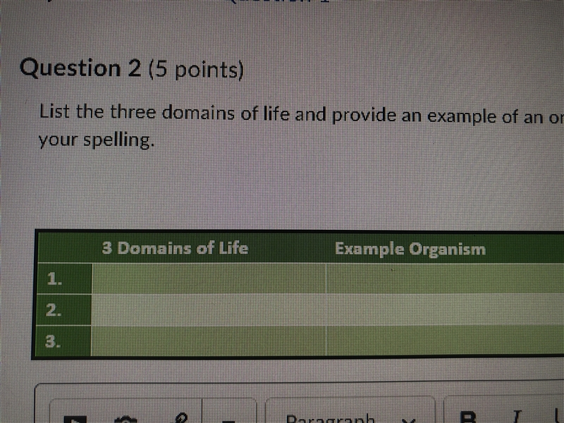 Please help List the three domains of life and provide an example of an organism for-example-1