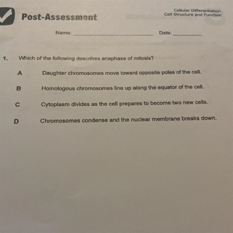 1. Which of the following describes anaphase of mitosis?-example-1