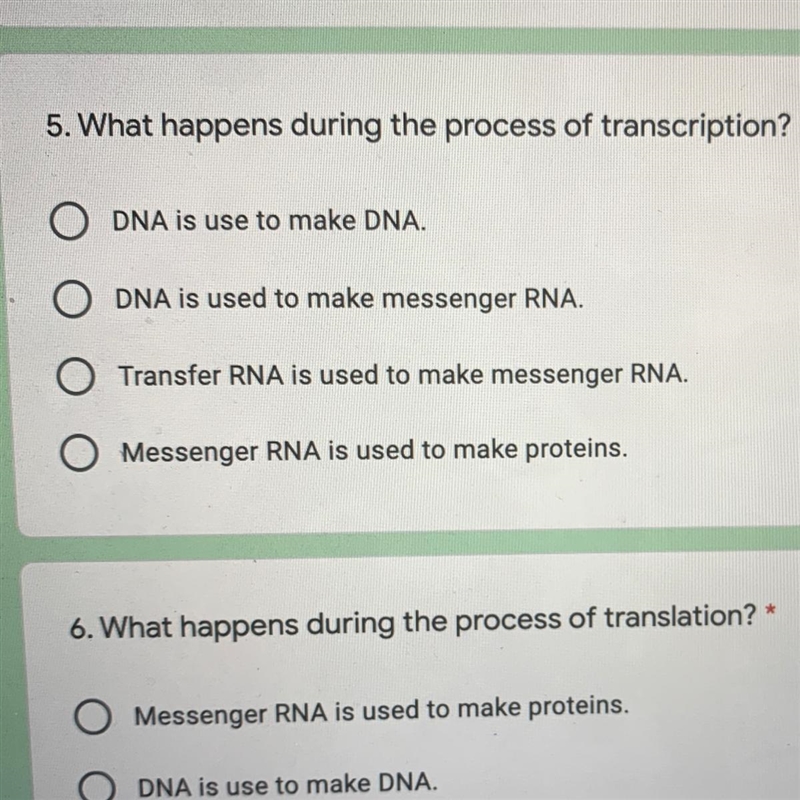 What happens during the process of transcription? a. DNA is used to make DNA b. DNA-example-1