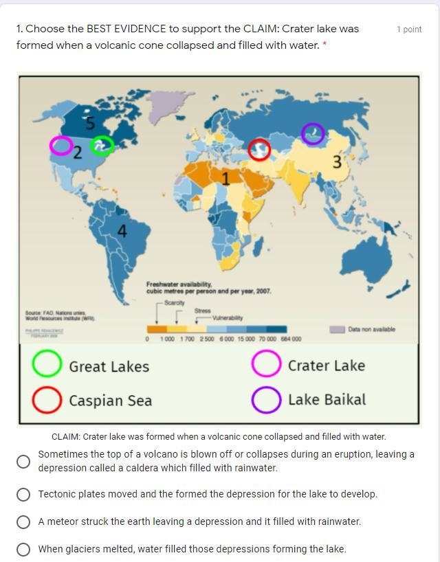 Choose the BEST EVIDENCE to support the CLAIM: Crater lake was formed when a volcanic-example-1