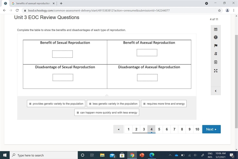 Complete the table to show the benefits and disadvantages of each type of reproduction-example-1