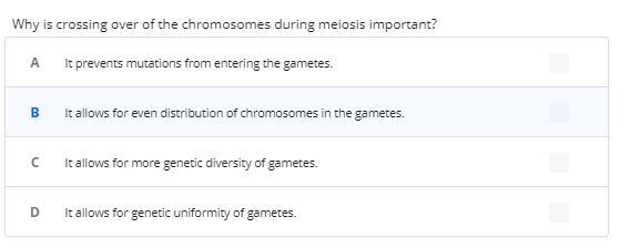 Why is crossing over of the chromosomes during meiosis important?-example-1