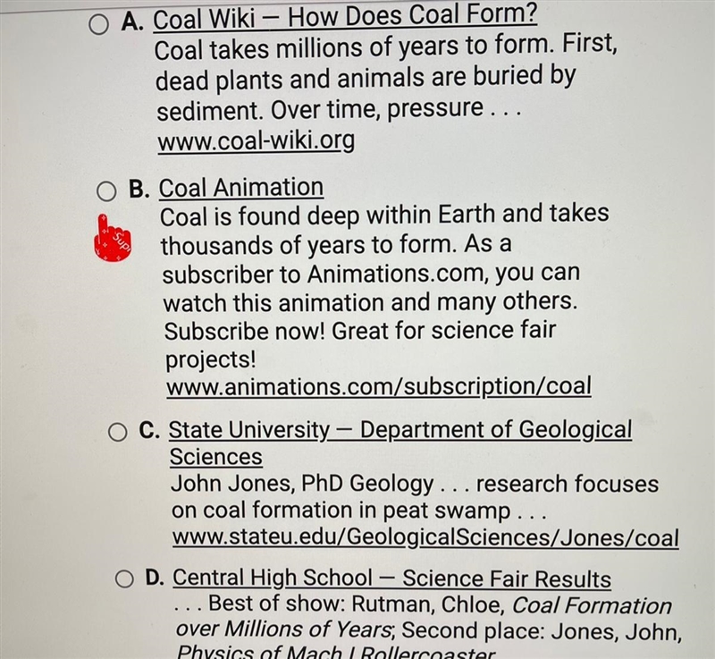 You type the keywords "formation of coal" into a search engine. Which of-example-1