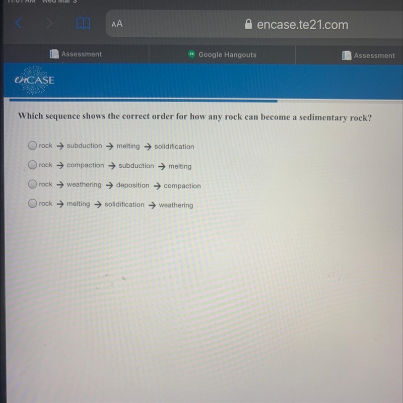 Which sequence shows the correct order for how any rock can become a sedimentary rock-example-1