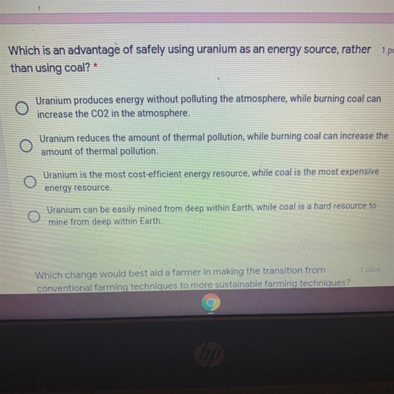 Which is an advantage of safely using uranium as an energy source, rather 1 point-example-1