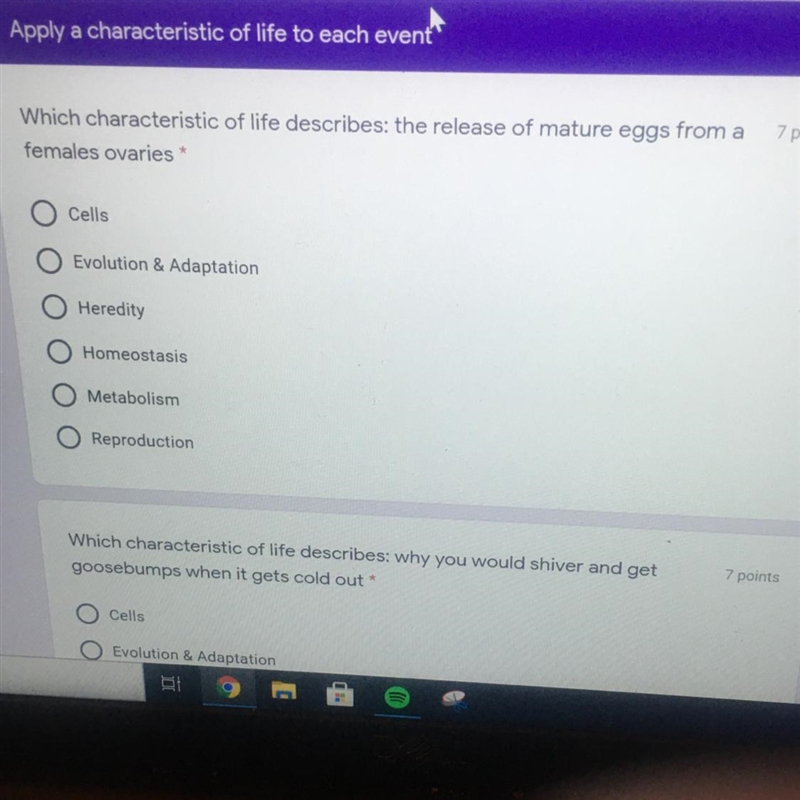 Which characteristic of life describes the release of mature eggs from a females ovaries-example-1