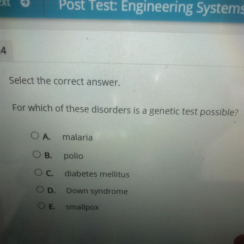 Select the correct answer. For which of these disorders is a genetic test possible-example-1