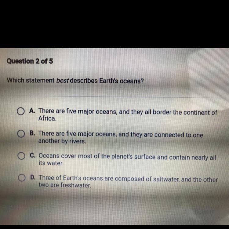 Which statement best describes Earth's oceans?-example-1