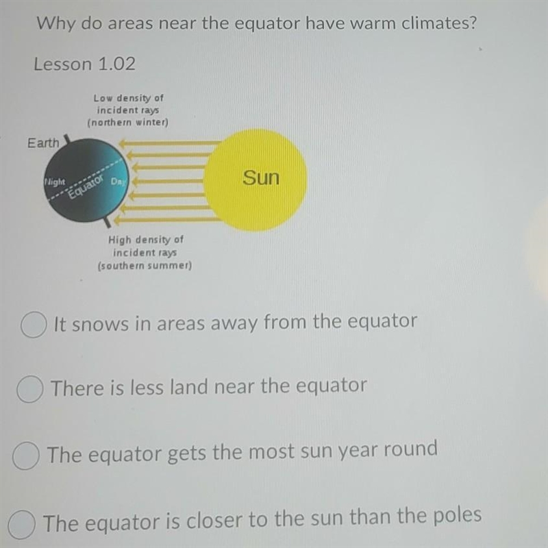 Why do areas near the equator have warm climates? Low density of incident rays (northern-example-1