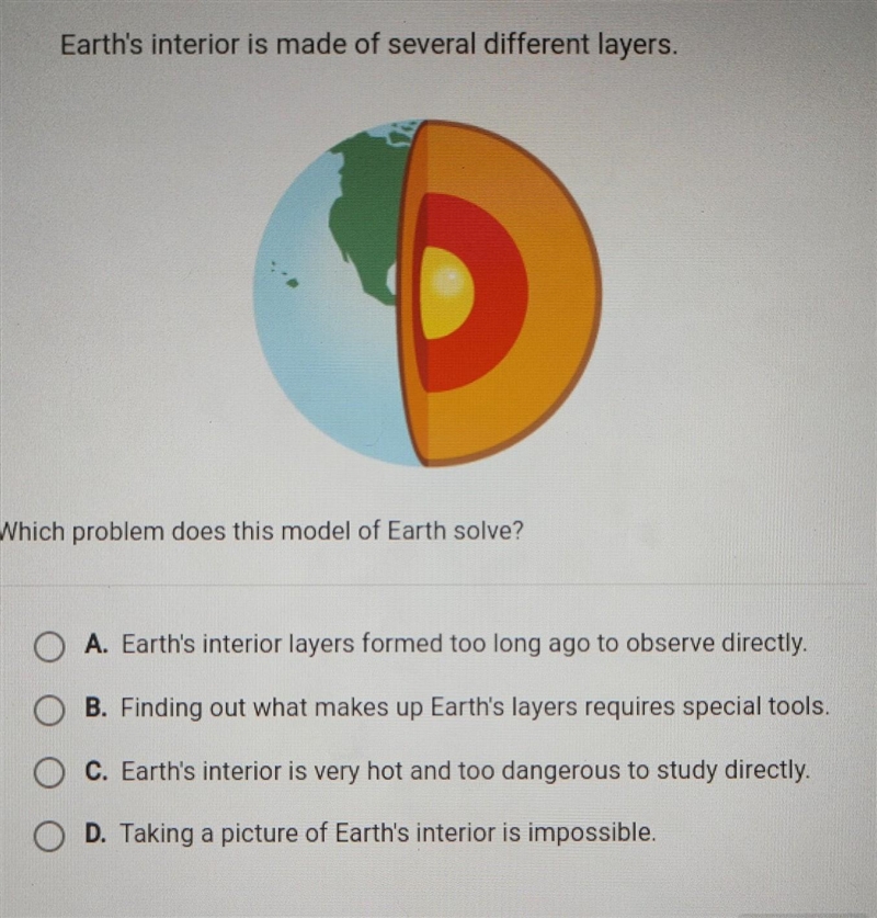 Earth's interior is made of several different layers. Which problem does this model-example-1