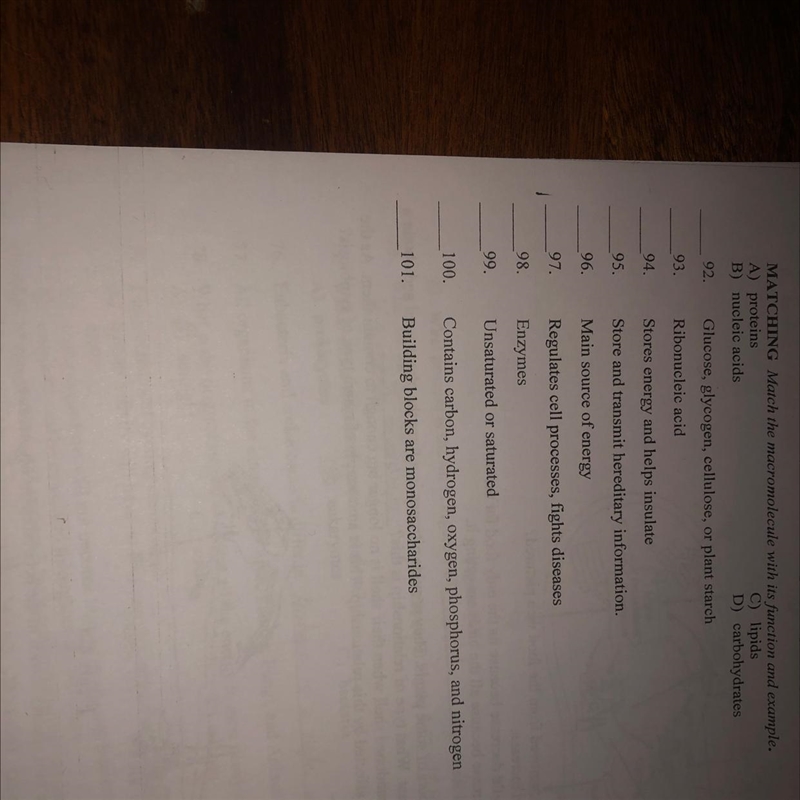 MATCHING match the macromolecules with its function and example. A) proteins B) nucleic-example-1