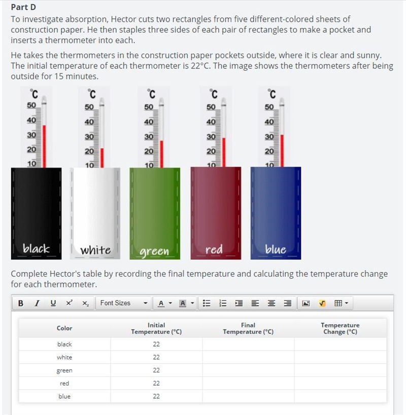 To investigate absorption, Hector cuts two rectangles from five different-colored-example-1