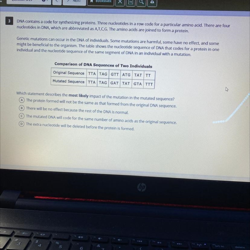 Which statement describes the most likely impact of the mutation in the mutated sequence-example-1