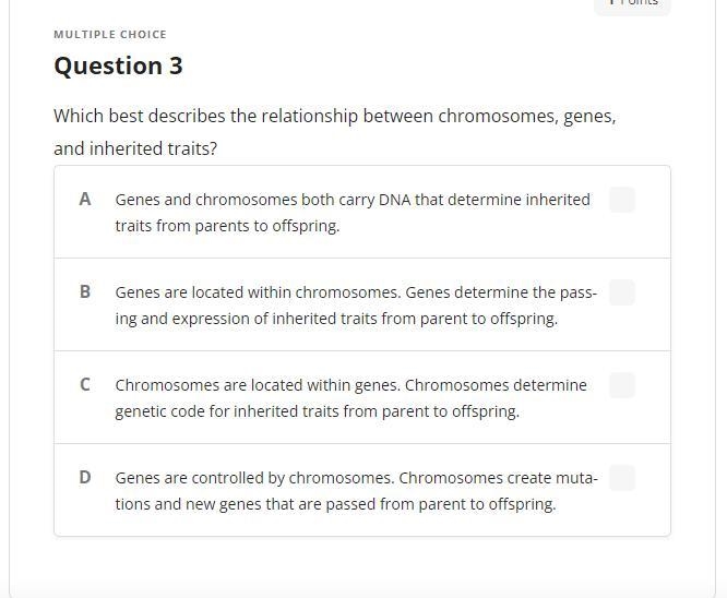 Which best describes the relationship between chromosomes, genes, and inherited traits-example-1