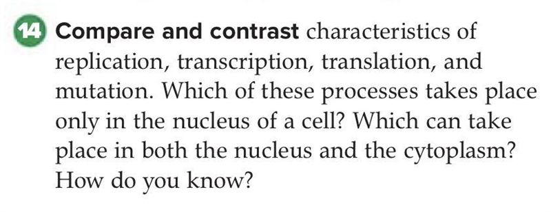 Compare and contrast characteristics of replication, transcription, translation, and-example-1