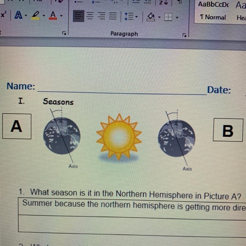 4. What season is it in the Southern Hemisphere in Picture B? Why?-example-1