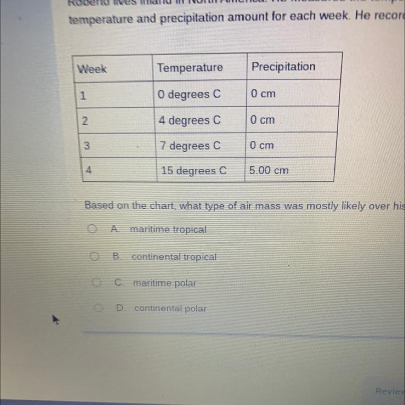 Roberto lives inland in North America. He measured the temperature and precipitation-example-1