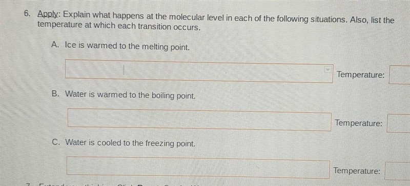 I need help with the explanation of what happens with the molecules and also the temperature-example-1