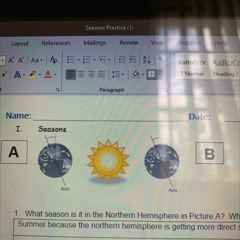 3. What season is it in the Southern Hemisphere in Picture A? Why?-example-1