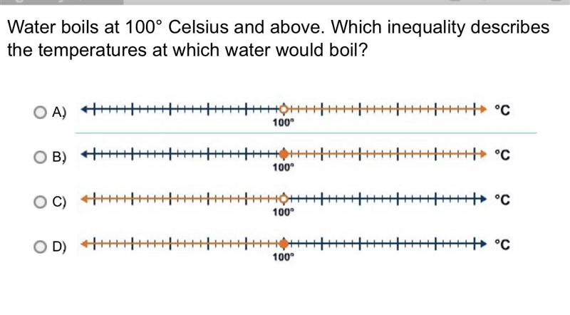 Exit Water boils at 100° Celsius and above. Which inequality describes the temperatures-example-1