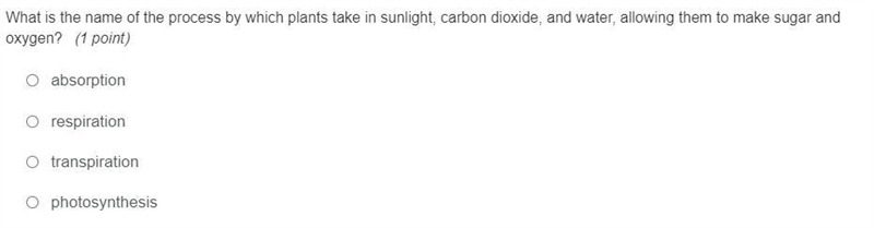 What is the name of the process by which plants take in sunlight, carbon dioxide, and-example-1