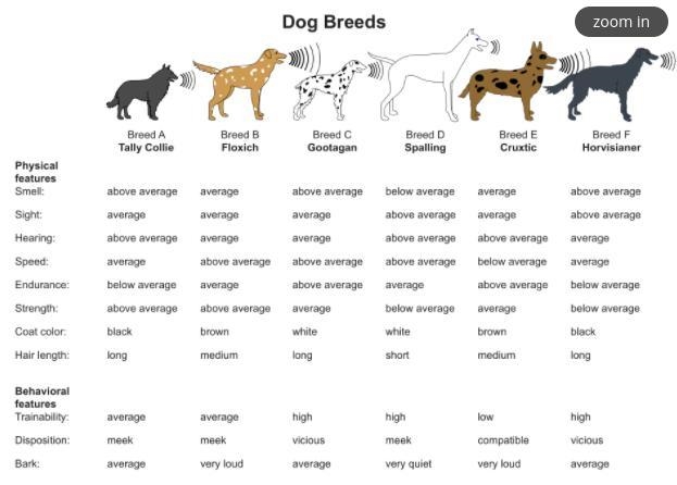 Here are six breeds of dogs and the various abilities based upon their preferred characteristics-example-1