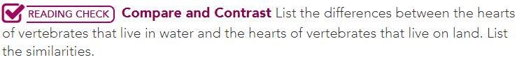 List the differences between the hearts of vertebrates that live in water and the-example-1