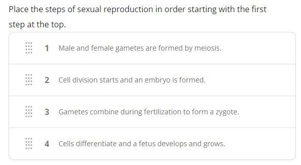 Place the steps of sexual reproduction in order starting with the first step at the-example-1