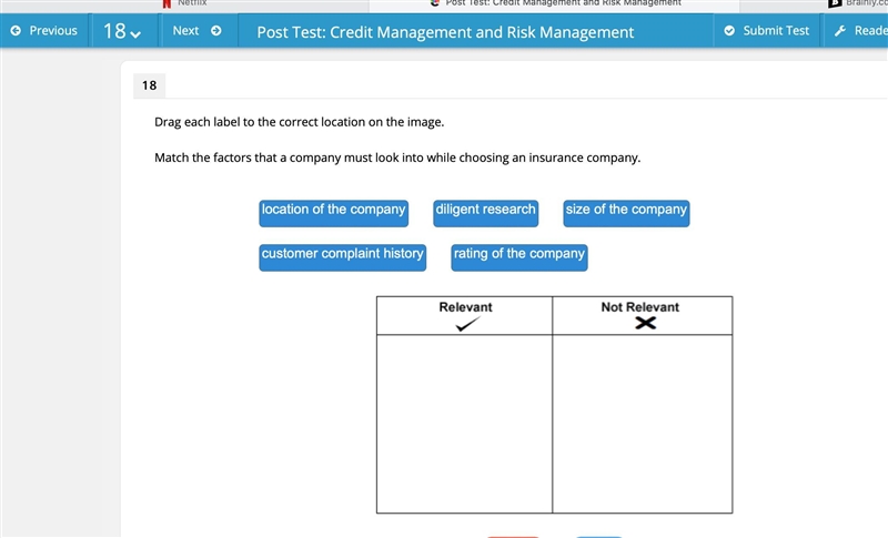 Match the factors that a company must look into while choosing an insurance company-example-1