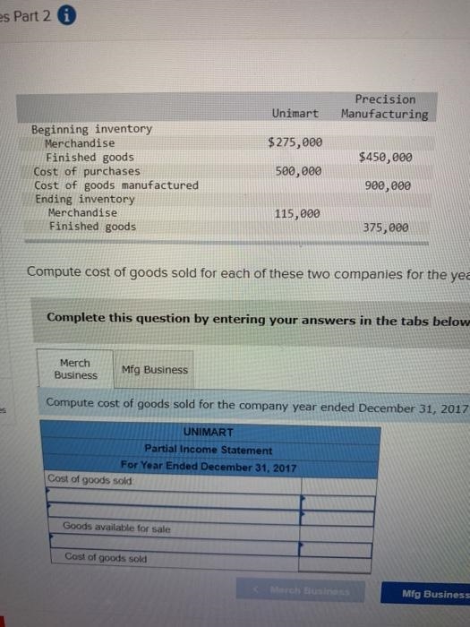 Unimart Precision Manufacturing Beginning inventory Merchandise $275,000 Finished-example-1