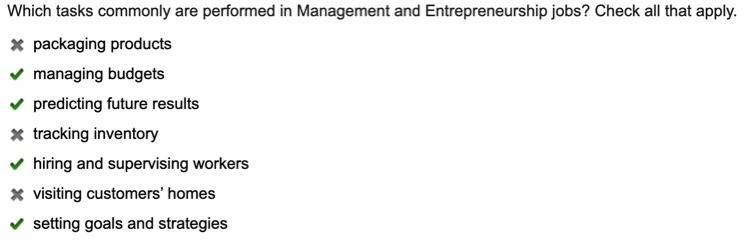 Help! Which tasks commonly are performed in Management and Entrepreneurship jobs? Check-example-1