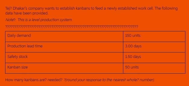 Tej​ Dhakar's company wants to establish kanbans to feed a newly established work-example-1