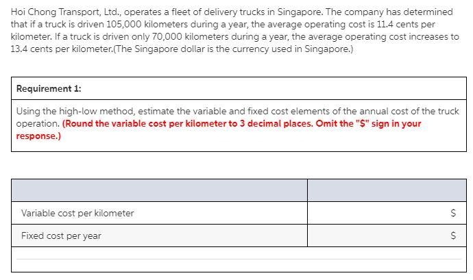 Hoi Chong Transport, Ltd., operates a fleet of delivery trucks in Singapore. The company-example-1