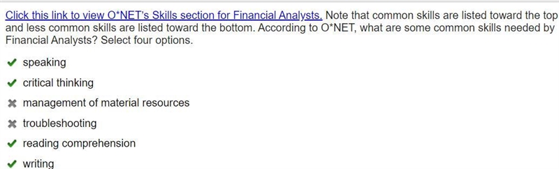 According to O*NET, what are some common skills needed by Financial Analysts? Select-example-1