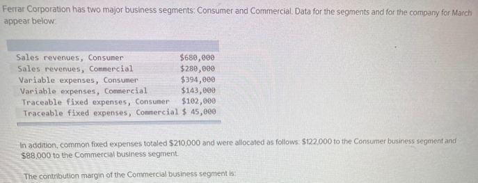 Farrar Corporation has two major business segments-Consumer and Commercial. Data for-example-1