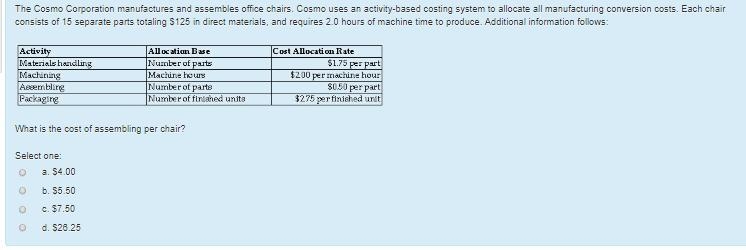 The Cosmo Corporation manufactures and assembles office chairs. Cosmo uses an activity-example-1