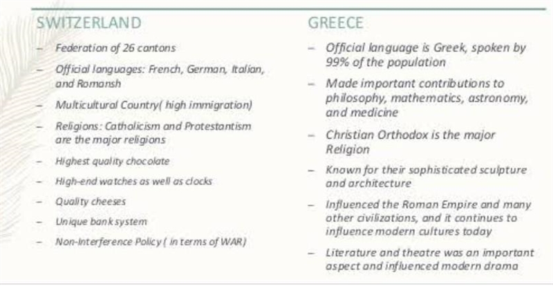 Identify the cultural differences between Greece and Switzerland as per the GLOBE-example-1