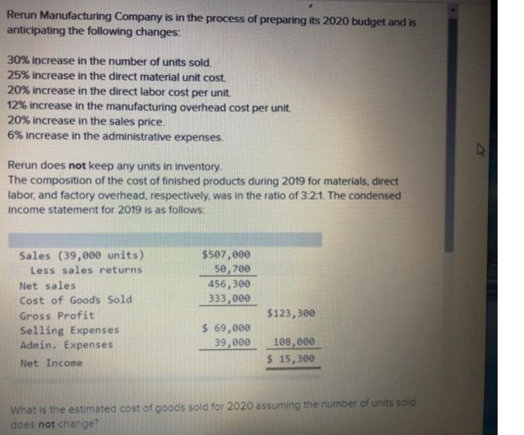 Rerun Manufacturing Company is in the process of preparing its 2020 budget and is-example-1