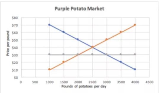 Consider the market for purple potatoes below and assume that a price ceiling of $30 is-example-1