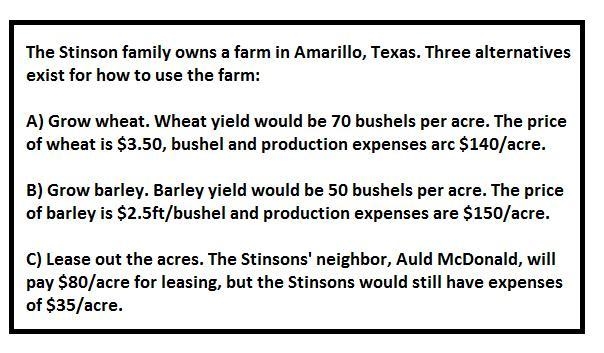 The Stinson family owns a farm. Three alternatives exist for how to use the farm: a-example-1