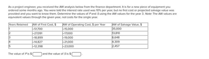 As a project engineer, you received the AW analysis below from the finance department-example-1