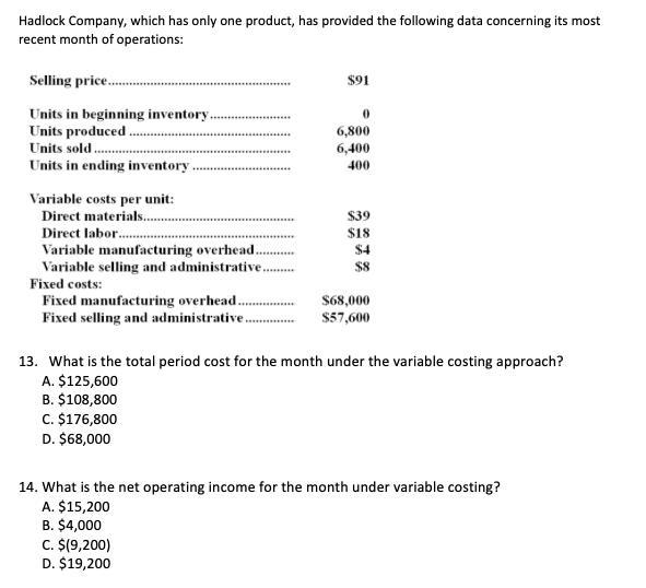 hadlock company, which has only one product has provided the following data concerning-example-1