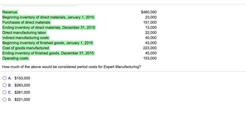 Expert Manufacturing reported the​ following: Revenue Beginning inventory of direct-example-1