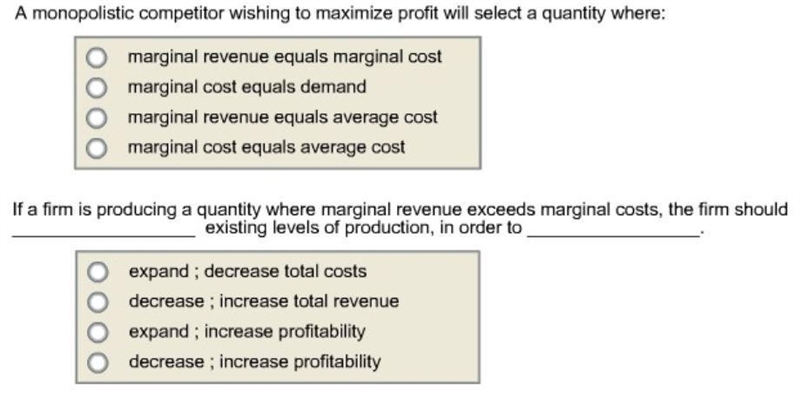 A monopolistic competitor wishing to maximize profit will select a quantity where-example-1