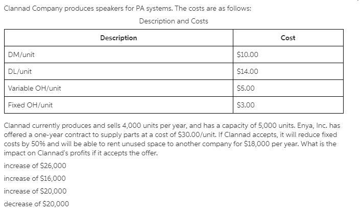 Clannad currently produces and sells 4,000 units per year, and has a capacity of 5,000 units-example-1