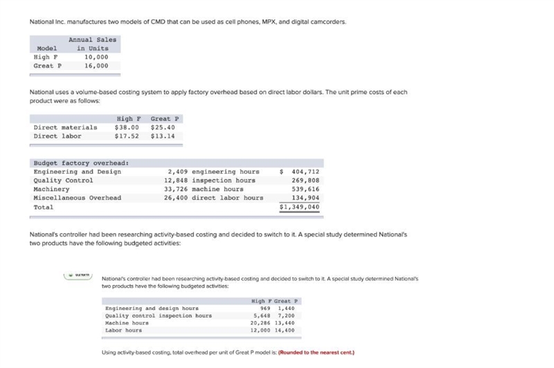 Using activity-based costing, total overhead per unit of Great P model is (rounded-example-1