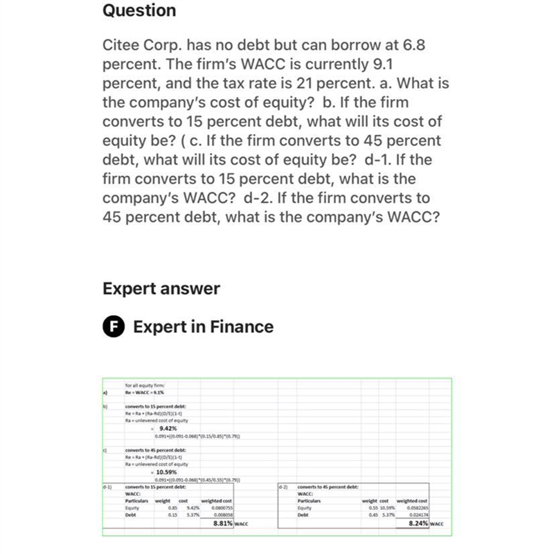 Citee Corp. has no debt but can borrow at 6.7 percent. The firm’s WACC is currently-example-1