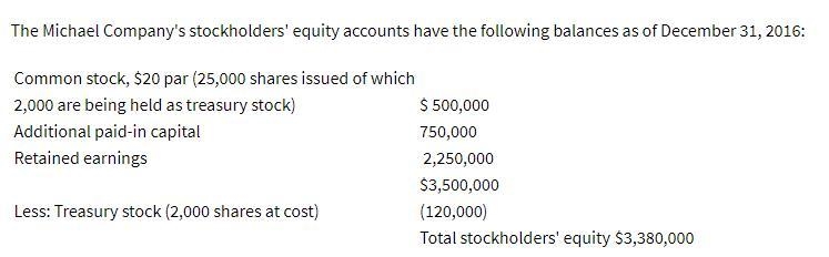 On January 2, 2017, the board of directors of Michael declared a 10% stock dividend-example-1