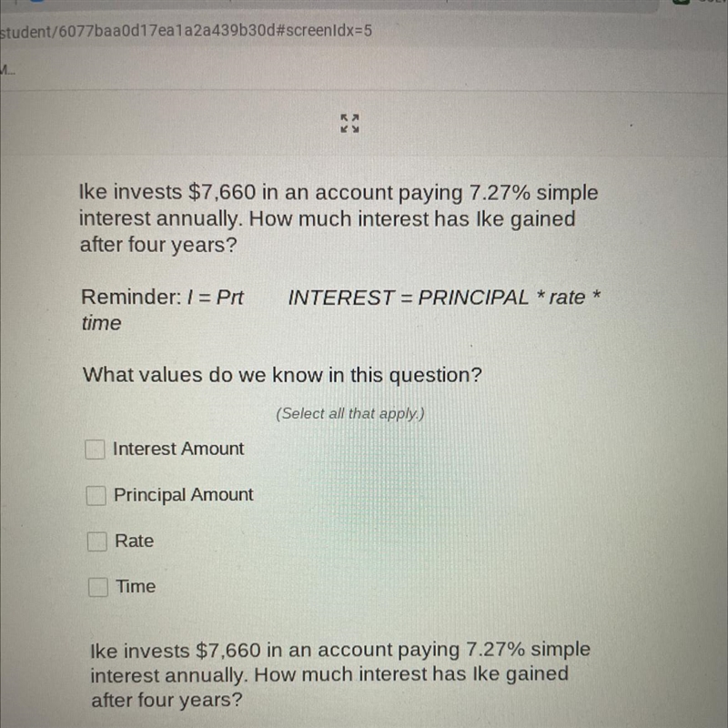 Ike invests $7,660 in an account paying 7.27% simple interest annually. How much interest-example-1