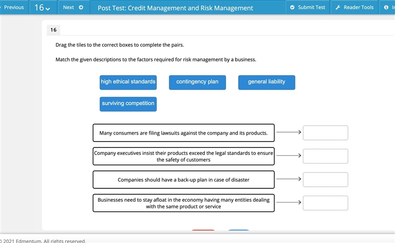 Match the given descriptions to the factors required for risk management by a business-example-1